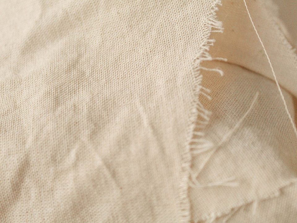 Close-up of natural canvas fabric with a frayed woven edge